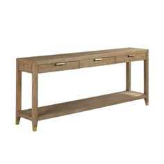 a wooden console table with two drawers on one side and an open shelf at the bottom