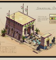 an illustrated drawing of a building with egyptian symbols on the front and side, including two flags