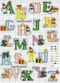 cross stitch alphabets with christmas decorations and presents on them, all in different colors