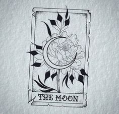 the moon with flowers and leaves on it is drawn in black ink, against a white background