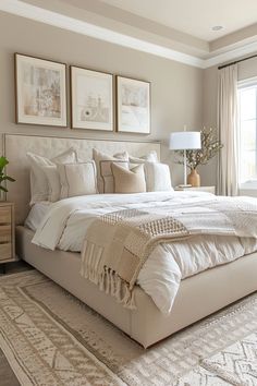 a large white bed sitting in a bedroom next to a window with two pictures on the wall