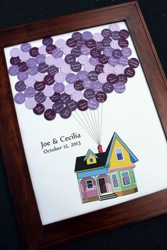 a house with a bunch of purple hearts attached to it and the words, joe & cecilia created on each balloon