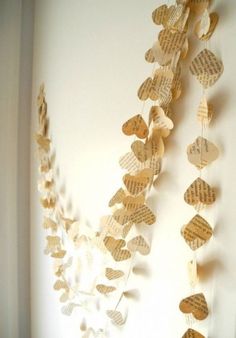 the wall is decorated with wooden hearts