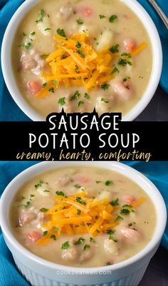 two bowls of sausage potato soup with parmesan cheese