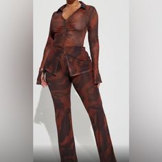 Fashion Nova Carolina Mesh Pant Set. Size-S. New With Tags Fitted High Waist Two-piece Bottoms Set, Casual High Waist Fitted Pant Set, Stretch Two-piece Bottoms Set For Fall, Fitted High Waist Two-piece Pants Set, High Waist Fitted Bottoms With Matching Set, Fall Stretch Bottoms Matching Set, Trendy Matching Set Bottoms For Fall, Fitted Pant Set For Night Out In Fall, Stretch Matching Set Pants For Fall