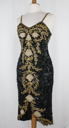 "*-----ALL SALES FINAL NO REFUND NO EXCHANGE----* *-JTRIMMING Vintage Dress Hand Work Sequin Beads & Zari Gotta On Silk Style 5011L *-Vintage Production *-Color: Black/Gold (As Picture) *-Available Size *-Regular: Small (4-6), Medium (8-10), Large (12-14), X-Large (16) *-Plus: QS (18-20), QM (22), QL (24) *-Dress: V Neck Spagetti Strap Dress Hand Work Bead and Sequins *-Length: 45\" Inch *-Country/Region of Manufacture: India *-Decade: 1980s *-Style 5011L is a silk short dress lined with sat Spagetti Strap Dress, Silk Short Dress, Beaded Bolero, Spagetti Strap, 1980s Style, Silk Dress Short, Silk Style, Beaded Cocktail Dress, 1980s Fashion