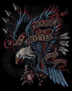 an eagle with wings and banners on it's back is shown in black background