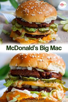 two hamburgers with cheese, lettuce and pickles on the top one is made from mcdonald's big mac