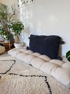 a couch that is on the floor in front of a wall with potted plants