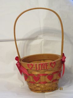 Basket Natural Woven Heart With Tall Handle With LOVE Red Accents {{ JAMsCraftCloset }} Heart Basket, Woven Heart, Flower Girl Basket, Country House Decor, Red Accents, Cottage Chic, Country Decor, Picnic Basket, Decorative Wicker Basket