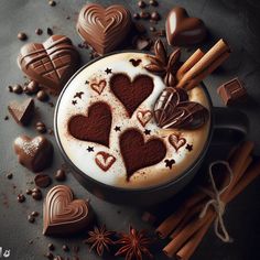 hot chocolate in a mug with hearts and cinnamons around it