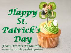 a cupcake with green frosting and a shamrock on top that says happy st patrick's day from old art repostory