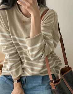 Relaxed wool blend stripe pullover - Gently oversized- Crew neck- Dropped shoulders- Rolled neckline, hem and cuffs- Length 23", Bust 48", Sleeve 29"- Wool 30%, Polyester 30%, Nylon 40%- Dry clean- Imported Striped Sweater With Ribbed Crew Neck, Oversized Beige Sweater With Ribbed Neckline, Beige V-neck Ribbed Sweater, Striped Wool Crew Neck Sweater, Brown And Wjite Dtriped Sweater, Linen Set, Wool Blend, Slip Dress, Crew Neck