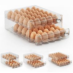 an assortment of eggs in a clear plastic container on a white background with four separate sections for each egg