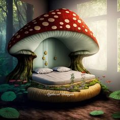 a mushroom like bed in the middle of a forest with trees and flowers around it