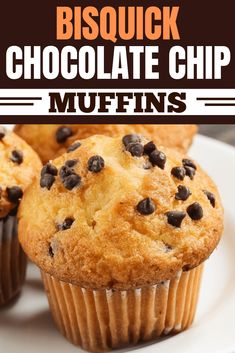 chocolate chip muffins on a white plate with text overlay