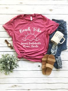 What's better than a vacation to the beach? These cute shirts are perfect for your next group or family beach vacay. Customize with your names, date, location or anything your heart desires to make these one-of-a-kind and totally personalized! This classic unisex jersey short sleeve tee fits like a well-loved favorite. Soft cotton and quality print make users fall in love with it over and over again. These t-shirts have-ribbed knit collars to bolster shaping. The shoulders have taping for better Beach Vacation Shirts, Sassy Shirts, Family Beach Trip, Beach Vacay, Rainbow Shirt, Group Shirts, Beach T Shirts, When It Rains, Family Beach