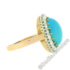 "Here we have a very lovely antique turquoise and diamond ring that was crafted in solid 18k gold with a platinum top during the Victorian era. It features a fine, Persian, oval cabochon cut turquoise stone neatly set at its center. The natural stone has a super attractive robin's egg blue color, and is wonderfully complemented by a halo of 18 old rose cut diamonds, adding a glamorous touch with their brilliant sparkles. This ring remains in all original and excellent physical condition with pat Oval Turquoise Ring In Yellow Gold With Diamond, Oval Turquoise Ring In 14k Gold For Wedding, Antique Turquoise Round Ring For Wedding, Antique Turquoise Ring For Wedding, Antique Round Turquoise Wedding Ring, Antique Turquoise Cabochon Ring For Wedding, Antique Style Turquoise Wedding Ring With Cabochon, Antique Oval Turquoise Ring For Wedding, Antique Oval Turquoise Wedding Ring