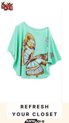 Resort Inspired Butterfly Print Off-shoulder Top Casual Butterfly Sleeve Blouse For Summer, Off-shoulder Tops For Beach Vacation, Summer Vacation Blouse With Butterfly Sleeves, Summer Beach Blouse With Butterfly Sleeves, Summer Off-shoulder Beach Tops, Summer Off-shoulder Tops For Beach Season, Summer Butterfly Sleeve Printed Blouse, Summer Printed Blouse With Butterfly Sleeves, Green Off-shoulder Casual Top