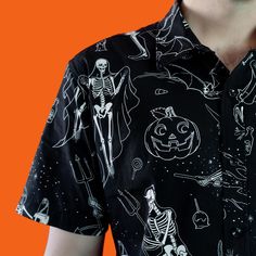 The Midnight Mischief button-down is a vintage Halloween inspired design! You can see the spooky-scary-skeletons of a witch, devil, ghost, bat, scaredy cat and more on this ghoulish garment! Printed on cotton for a lightweight but clean cut look. Great for layering with a jacket or coat. Wear it to the pumpkin patch, Halloween party, or just to look cute during spooky season! Material: Cotton Size up for a looser fit!Care: Machine wash cold. Wash separately with similar colors. Do not bleach. Tu Pumpkin Patch Halloween, Ghost Bat, Spooky Eyes, Scaredy Cat, Spooky Scary, The Midnight, A Witch, Clean Cut, Swimwear Accessories