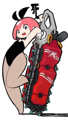 a woman with pink hair is leaning on a chainsaw and holding a wrench