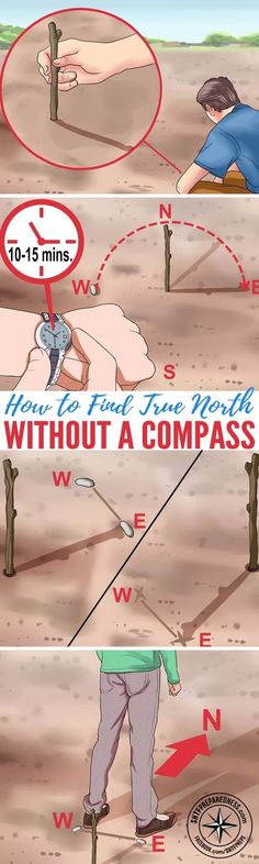 three different signs showing how to use compasss in the desert, with arrows pointing up and