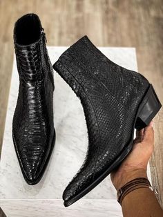 Ankle+High+Pure+Black+Side+Zipper+Python+Texture+Chelsea+Leather+Boot Upper-Material+of+Shoes+:+Genuine+Leather+(Python+Texture) Inner+material+:+Soft+Goat+Leather+Lining Sole+:+Buffalo+Leather+Sole Heel+:+Stack+heel+ Style+:+Ankle+High+Zipper+ Construction+:+Good+Year+Welted+Handmade+S... Platform Boots Men, Mens Heeled Boots, Heels For Men, Python Boots, Chelsea Boots Men Outfit, Boots Men Outfit, Black Leather Chelsea Boots, Mens Dress Boots, Men In Heels