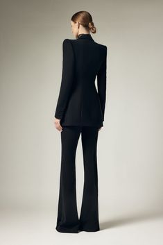 Crafted with premium crepe fabric, this blazer boasts a flattering A-line silhouette and a sophisticated V-neckline. Pair it with any outfit for an effortlessly chic look that exudes luxury and elegance. Sleek Semi-formal Pantsuit With Pressed Crease, Elegant Semi-formal Pantsuit With Pressed Crease, Sleek Structured Blazer For Semi-formal Occasions, Classic V-neck Blazer Dress For Semi-formal, Elegant V-neck Blazer For Semi-formal Occasions, Elegant V-neck Semi-formal Blazer, Classic V-neck Semi-formal Suits, Luxury Long Sleeve Formal Pantsuit, Classic V-neck Suits For Semi-formal Occasions