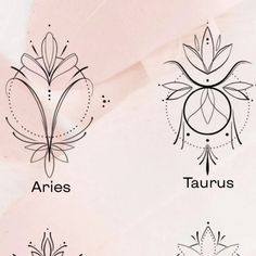 four different types of flowers with the names ariies, taurus, and asteria