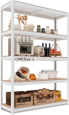 the shelves are filled with different types of food and items to cook or store on