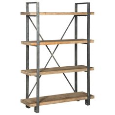 a wooden and metal book shelf with three shelves on one side, the other is empty