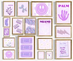 there are many framed pictures on the wall with words and symbols in purple, pink and white