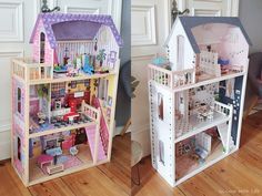 two wooden dolls houses sitting next to each other on top of a hard wood floor