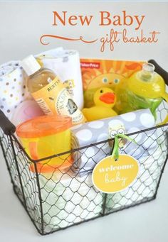 a new baby gift basket filled with toys