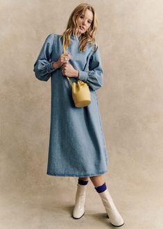 Midi dress with long balloon sleeves;Ample volume;High collar;Button fastening on shoulder;Length from shoulder 116 cm / 45.7 in (for a 36) Tomboy Shirts, Professional Wardrobe, Winter Essentials, Navy And Green, Parisian Style, High Collar, Matilda, Wide Leg Trousers, Spring Fashion