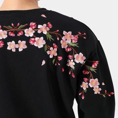 Sakura Embroidered Sweatshirt – Kidoriman Relaxed Fit Embroidered Crew Neck Top For Spring, Casual Long Sleeve Embroidered Top With Floral Embroidery, Casual Long Sleeve Top With Floral Embroidery, Long Sleeve Tops With Multicolor Embroidery, Embroidered Long Sleeve Sweatshirt For Spring, Spring Embroidered Long Sleeve Sweatshirt, Spring Cotton Embroidered Crew Neck Top, Casual Embroidered Top With Crew Neck, Spring Long Sleeve Tops With Embroidered Graphics