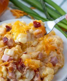 a white plate topped with macaroni and cheese covered in bacon next to green onions