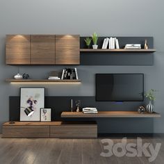 modern living room with floating shelves and entertainment center