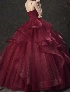 Ball Gown Glittering Luxurious Quinceanera Engagement Valentine's Day Dress V Neck Sleeveless Floor Length Tulle with Tier Ball Outfit, Prom Dress Burgundy, Tulle Long Prom Dress, Purple Bridesmaid Dress, Tulle Balls, Valentines Day Dresses, 16 Dress, Floor Length Prom Dresses, Red Evening Dress