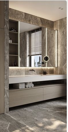 a modern bathroom with marble walls and flooring