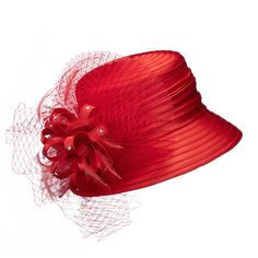 Giovanna Church Hat Style: HR1060 Fabric: Silky Twill, Satin Color: Red Small Brim Ribbon Hat w/ Mesh Veil & Flower One Size Fits Most Inner Brim Measures 7\" - 7 1/2\" Lovely choice for church, conventions, weddings and any special occasion Church Hat, Hat Style, Color Champagne, Flower Hats, Church Hats, Satin Color, Red Hats, 7 And 7, Hat Fashion