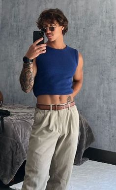 male crop top Feminine Boys Style, Small Top Big Pants Outfit Men, Aesthetic Crop Top Outfits Men, Boys In Crop Tops 80s Outfits, 90s Crop Top Men, Crop Top Men Aesthetic, Men’s Crop Top Outfit, Feminine Male Outfits