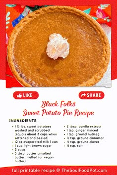 the recipe for black folks sweet potato pie is shown in red and white with text