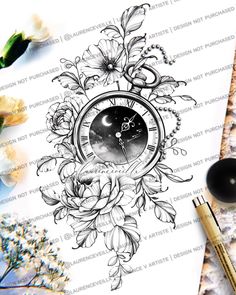 a clock surrounded by flowers and leaves on top of a paper next to pencils