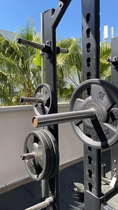 a gym equipment set up on the side of a building with palm trees in the background