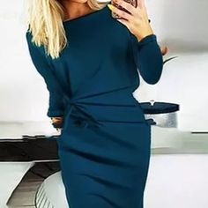 Indulge in the luxury of this exquisite Pullover Round Neck Long Sleeves Dress. Offered in classic black and sky blue, this dress features a mid-waist design and is available in sizes S to XXL. Combining single-piece splicing with intricate collage and stitching craftsmanship, this cotton blend dress is sure to make you stand out. This luxurious dress offers a timelessly elegant look with its sophisticated color palette, mid-waist design, and intricate craftsmanship. Elegantly cut from a quality Black Midi Dress Outfit, Midi Dress Outfit, Luxurious Dresses, Cotton Blends Dress, Women Long Sleeve Dress, Dress Crafts, Black Midi, La Fashion, Pencil Dress