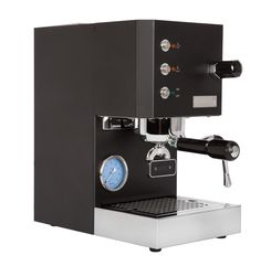 an espresso machine with a clock on the front and side panel, sitting in front of a white background