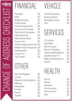 a pink and white checklist with the words financial vehicle service on it, which is also