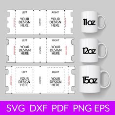 four white coffee mugs with the words svg dxf png files