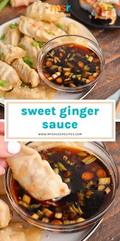 this is an image of sweet ginger sauce with dumplings and vegetables in the bowl